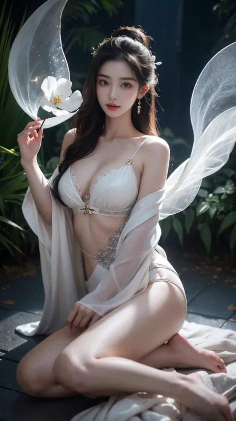 ((gufeng, bare shoulders)),(masterpiece, best quality:1.2), 1girl, solo, In the depths of Wonderland，The moonlight falls like water，foggy room，The figure of the heroine is vaguely visible，Just like the fairy in the painting，Slender sexy legs，Very nice legs...