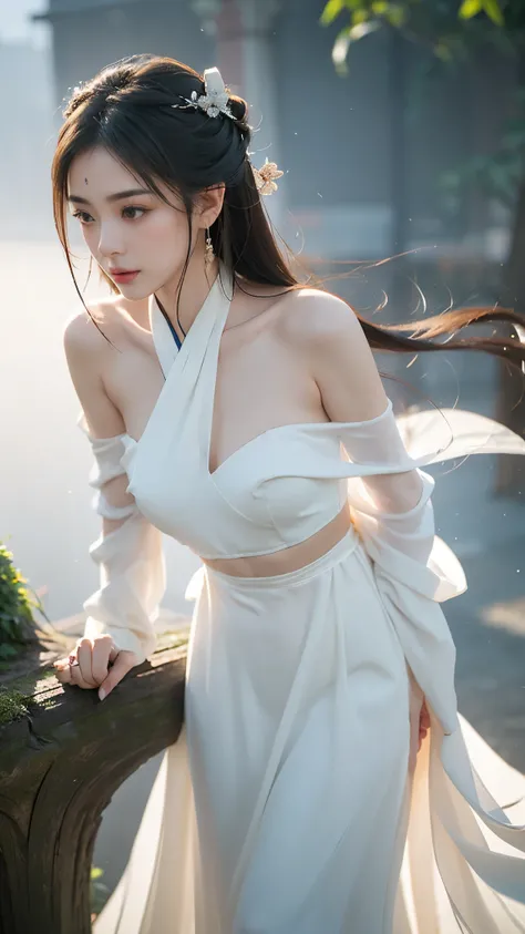 miansha,veil,veil, ((gufeng, bare shoulders)),(masterpiece, best quality:1.2), 1girl, solo, In the depths of Wonderland，The moonlight falls like water，foggy room，The figure of the heroine is vaguely visible，Just like the fairy in the painting，Slender sexy ...