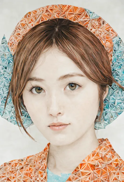 origami, zentangle, facial features, soft tone, orange, sky blue, green, gray, Brown, Haruka Fukuhara