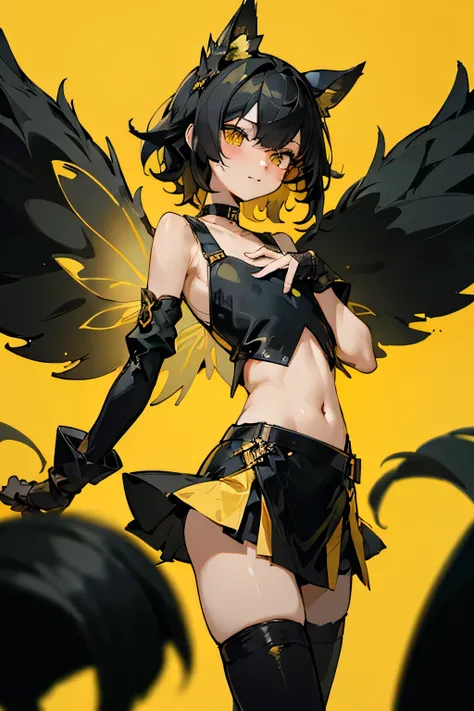 femboy, (flat chest:1.2), black and yellow clothing, miniskirt with side slit, crop top, arm sleeves, gloves, background:abstract, choker, thigh highs, short messy black hair, light amber eyes, blushing, high quality, has_wings, fairy_wings, (nice hands:1....