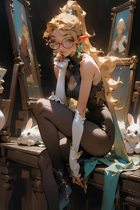 glow，masterpiece, beautiful, 4K, best quality, oil painting style， cute face, big breasts,  blonde，high ponytail，pointed ears，round frame glasses， black pantyhose, Black Bunny Girl costume，whole body，gorgeous,sit down