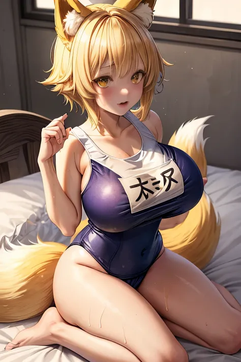 1girl, solo,yakumo ran, blonde hair,fox ears, fox tail, tabard, short hair, yellow eyes, multiple tails, bangs,anime, animal ears without human ears,(((school swimsuit))),full body,bed room,(Big tits, sweaty, nipple line, straddling)