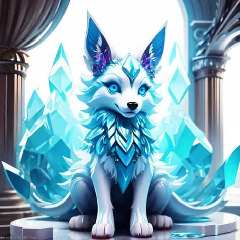 crystal wolf,alone,whole body,3D,blue eyes,