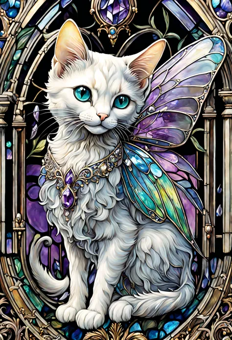 ternary colors, cinematic, official art, fairy tale transparent glass winged cat close up, iScreen, baroque, craola, Highly detailed stained glass wings, Amethyst Crystal, Labradorite iridescent crystals, Andy Kehoe, John Blanche, Complex and highly detail...