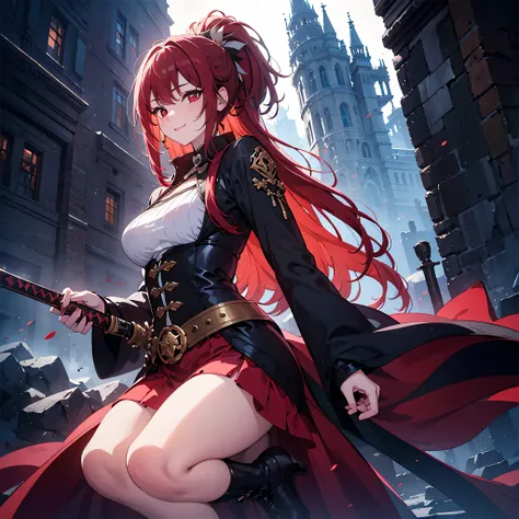 (masterpiece, highest quality,8k quality) adult woman, married woman, red long hair，red long skirt, he has a black sheath in one...