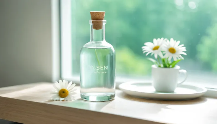 There is a bottle of water and a drinking glass on the ledge next to the flower, 在体积soft luminescent glow雾中, With natural light as background, Gives skin a natural glow, su fu, ethereal stills, Clear and smooth lines, brilliant morning light, Subtle vitali...