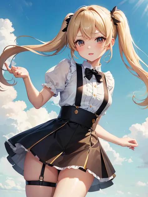 Masterpiece, superlative, spring dress, colored hair, outdoor, magazine cover, transparent short skirt,, suspenders, light tulle, wide hips, thin waist, smooth soft and delicate skin,((( petitegirl with blonde twin tails))),(((キノコ帽子))),(((キノコの妖精))),(((キノコの...