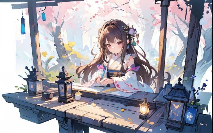 fantasy world,view from faraway,Cute female merchant selling magical items in a busy market,fantasic world,wearing robe,many goods display,masterpiece,soft line,cute face,wavy Brown hair,(extremely delicate and beautiful work), ((masuter piece)), (Best Qua...