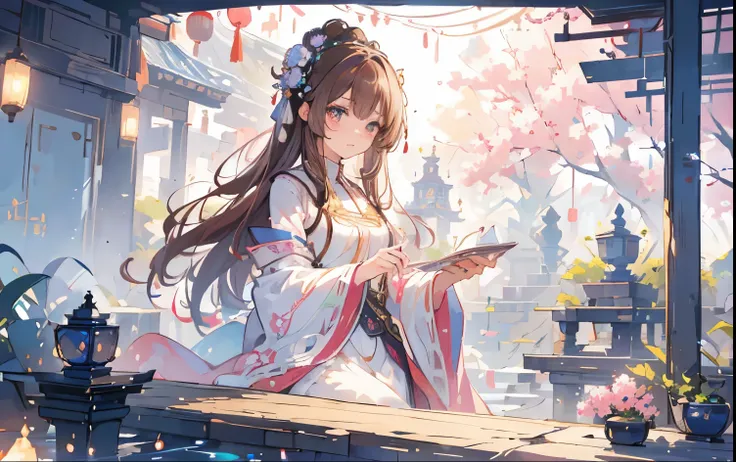 fantasy world,view from faraway,Cute female merchant selling magical items in a busy market,fantasic world,wearing robe,many goods display,masterpiece,soft line,cute face,wavy Brown hair,(extremely delicate and beautiful work), ((masuter piece)), (Best Qua...