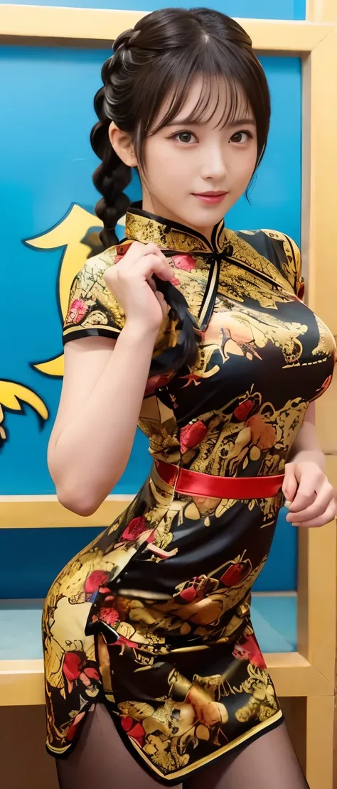 kung fu idol、whole body、good style、、、、、big scorpion print tight mini cheongsam dress、braid