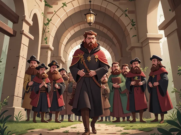 [[[Ultra-detailed, best[[[Ultra-detailed, best quality, beautiful, 4K, detailed faces, medieval stories]]], brown haired bearded man leaves behind a huge royal palace and a crowd of people wearing black robes quality, beautiful, 4K, detailed faces, medieva...