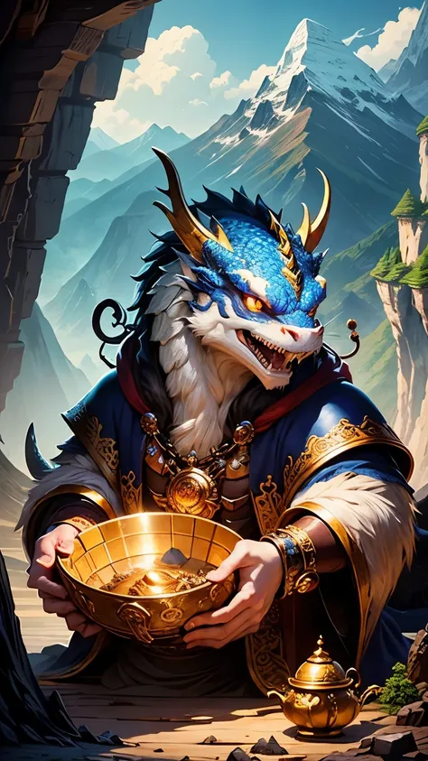 highest quality。masterpiece。detailed details。１dragon head。surrounded by mountains of treasure。kneel on a mountain of treasure。Smile。The background is a huge cave。