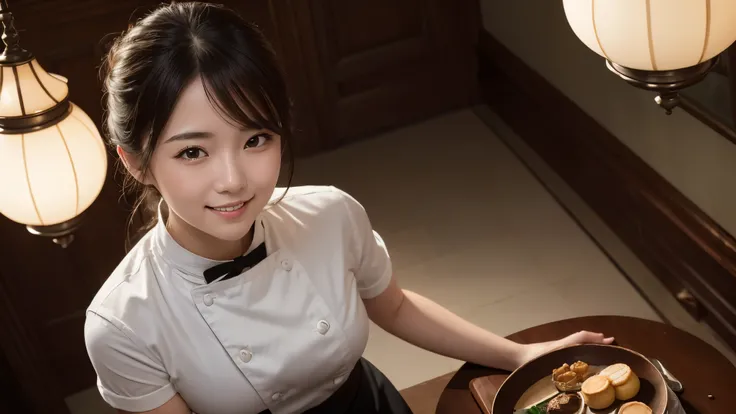 masterpiece, award winning, high quality, super detail, 8k, photo, girl, solo, smile, she is a pastry chef, chefs attire, portrait style, from above, close up, she comes from Japan, Like a magazine interview, at the cafe, antique interior, beautiful sweets...