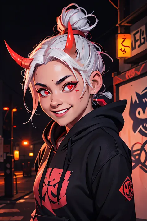 detailed background, masterpiece, best quality, smile, nakiri ayame, streaked hair, oni horns, white hair, twin buns, red eyes, smile, hoodie, portrait, neon, graffiti, dark, night, glowing eyes, blacklight