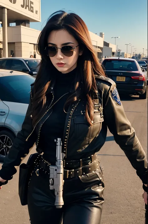 Police movie poster, beautiful woman, medium dark long hair,sunglasses, with big gun in hands, black clothes, rivets, explosions, cars, airplanes, just one body