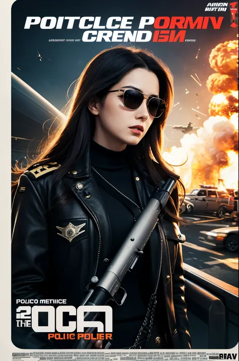 Police movie poster, beautiful woman, medium dark long hair,sunglasses, with big gun in hands, black clothes, rivets, explosions, cars, airplanes, just one body