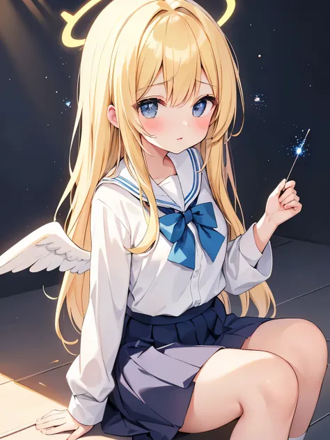 {{{masterpiece}}}, {{{highest quality}}},（girl、, Angel:1.5、halo、blonde、school uniform、,　particles of light、fantasy)high contract、best lighting、most detailed、cinematic angle、