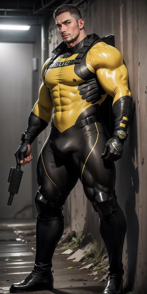 Tall giant muscular police officer back view.，Yellow and gray khaki camouflage wetsuit，Stick to the wall and hug the wall，Straighten your hips，character idea（Resident Evil - chris redfield，chris redfield）senior police officer，身穿Yellow and gray khaki camouf...