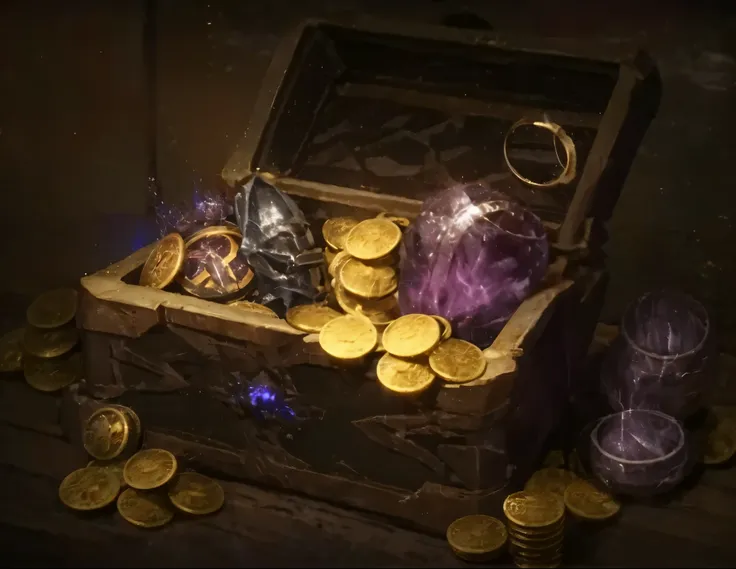 there is a box，there are coins and masks inside, treasure artifact, 8k high definition wallpaper jpeg artifact, 8k high definiti...