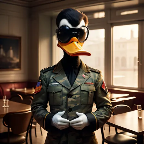 (anthropomorphic black duck), Military camouflage uniform, black glasses, Hands behind your back, The Right Proportion, anatomically correct, restaurant interior in the background, vintage poster, Russia