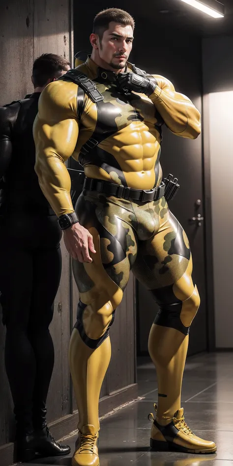 Tall giant muscular police officer back view.，Yellow and gray khaki camouflage uniform，Stick to the wall and hug the wall，Straighten your hips，character idea（Resident Evil - chris redfield，chris redfield）senior police officer，Wearing a yellow and gray khak...