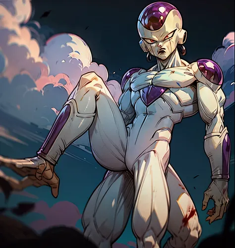 [(ES) ((masterpiece)) & (frieza), ((best illustration)) & ((extremely delicate and beautiful))), high resolution, cowboy shot, 1 boy, male focus, solo, red eyes, tail, watercolor:0.8, serious expression, (bulky legs), (bulky arms and chest), black sky, n...
