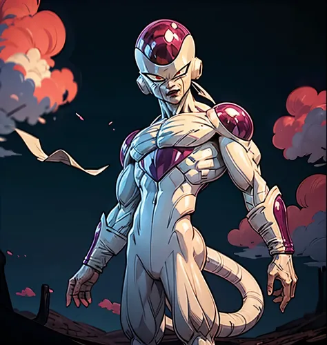 [(ES) ((masterpiece)) & (frieza), ((best illustration)) & ((extremely delicate and beautiful))), high resolution, cowboy shot, 1 boy, male focus, solo, red eyes, tail, watercolor:0.8, serious expression, black sky, night, creepy night sky, clouds at nigh...