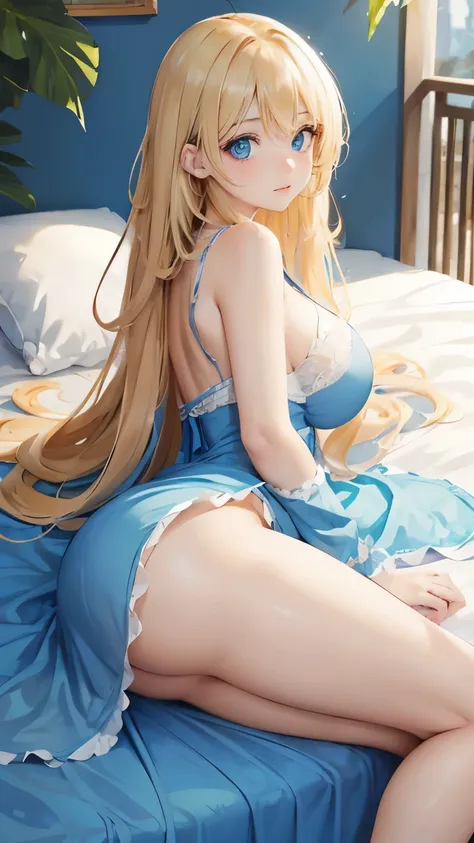 (masterpiece:1.2), (highest quality:1.2),, Curvy but slender body, perfect eyes, perfect face, perfect lighting, 1 girl, on the bed, （whole bodyが見える），（I can see your butt），（ruffle dress），（Exposed），long hair, curly hair, Fine clothes, Detailed outdoor backg...