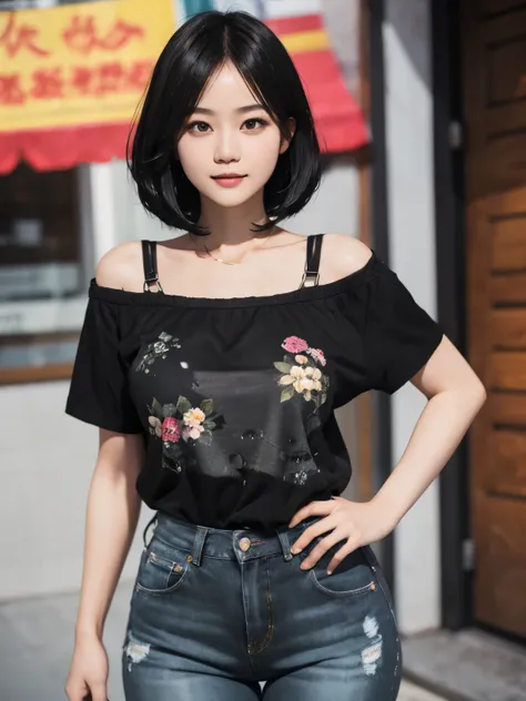 155
(Black Shorthair:1.46),  (a 20 yo woman), (A hyper-realistic), (Masterpiece), (8KUHD), (gentle smile), Slender waist, Wearing jeans, ((Floral Clothing - T-Shirts)), Wearing long pants, abstract painting, (doodle:1.46), (large breasts with good shape), ...