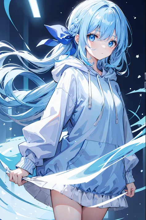 1girl,light blue hair,blue eyes,hair ribbon,blue and white hoodie,winter,looking at viewer,profile picture, Eye-Level Shot