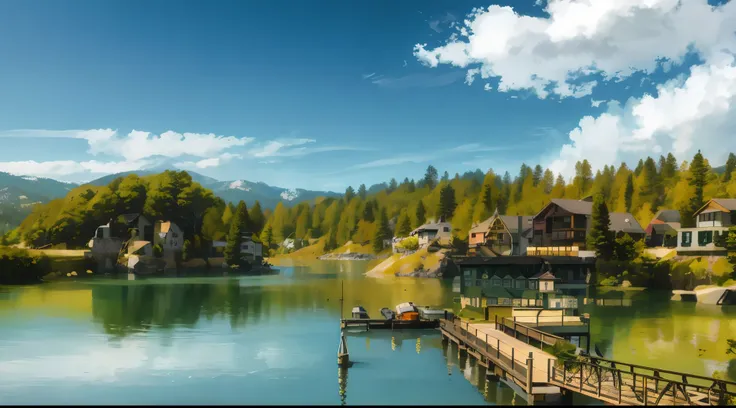 bridge and house々Rough lake with a background of々nice view, big bear lake california, stock, gettyimages, On a scenic background, gettyimages, Lake House, 木の桟bridge and house々, Beautiful quiet day, summer lake setting, stockフォト, of a small village with a l...