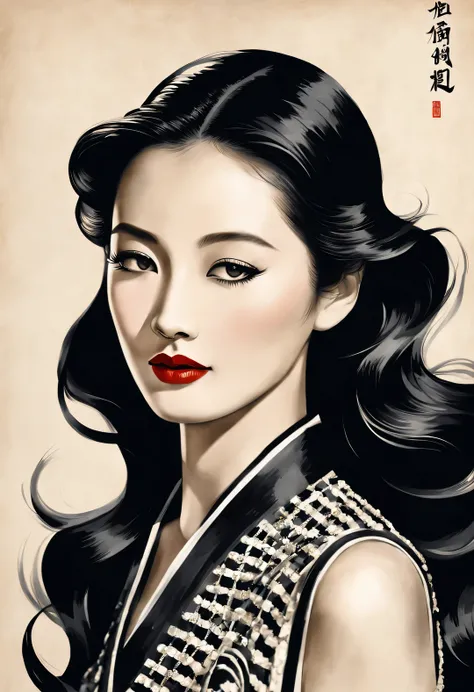 The ink painting portrait of a beautiful woman in China during the 1930s, with long curled hair and modern Chanel summer Fashion, Bears a striking resemblance to Chinese actress Xin Zhilei. it features cinematography, Fashion, top lighting, close-up, spotl...