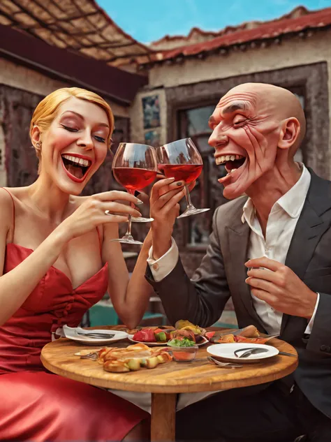 ultra-real hyper-insane stunning ultra-surreal laughing couple very well dressed happy on the restaurant, intricate pieces of cubist flesh drinking wine and emerging from within them other pieces with cubist facet bodies, bizarre and big old devices glued ...