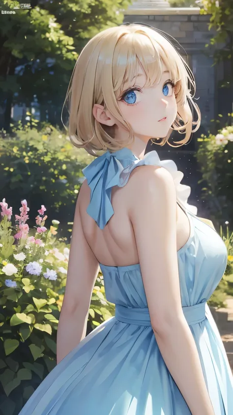 (masterpiece:1.2), (highest quality:1.2),, Curvy but slender body, perfect eyes, perfect face, perfect lighting, 1 girl, in the garden, （whole bodyが見える），（cute pose），（ruffle dress），（Exposed），（smile），（standing position），（looking back），curly hair, Fine clothe...