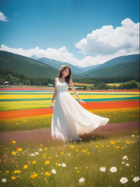 1girl, dynamic angle, cloud and mountain, (flower field:1.4) in the foreground, white dress, light tracing, (floating colorful wind:1)
(photorealistic:1.4), official art, unity 8k wallpaper, ultra detailed, beautiful and aesthetic, masterpiece,best quality...