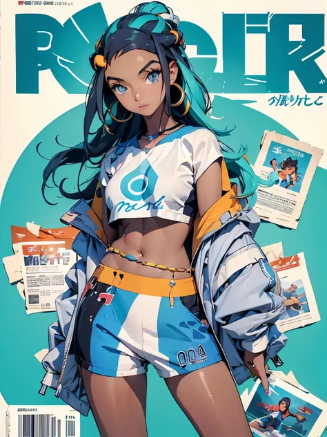 { masterpiece : best quality } { nessa_pokemon : tanned skin : modelling outfit : modelling pose } { magazine cover }