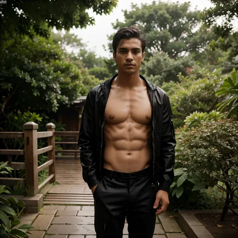 "Ismael Borg, 22 years old. Looking at the sky. Shirtless. Wearing black pants. Wet skin and hair. He is in a Japanese garden in heavy rain."
 . ((high quality:1.2, masterpiece:1.2)), CGI, VFX, front lighting, photorealistic. shot on canon eos 6d, canon ef...