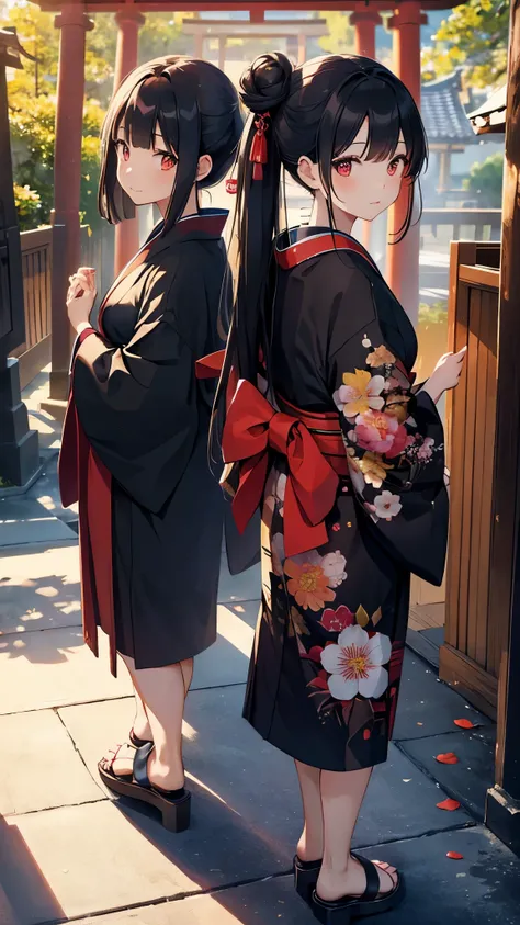 ((masterpiece,highest quality)),2 girls, black kimono, black legwear, 黒いribbon, black haired, 桜のwood, daytime, Floral, good, ヘアribbon, generally, kimono, long haired person, Behold, look back, multiple girls, heart, outside the house, red eyes, redhead, ri...