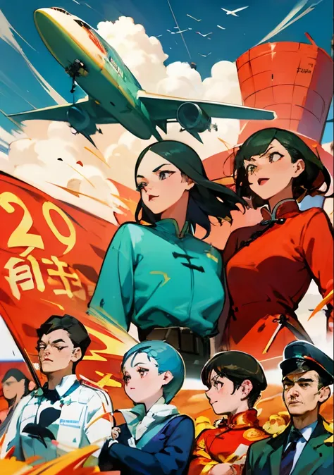 (masterpiece), (best quality), (Exquisite details), poster, Chinese , Wide-angle lens, a group of people, Chinese 微笑, civilian, One-piece suit, firm expression, Half-naked arms, passing flyer, gear, sky with passenger plane, Chinese Red Flag, (Red) Flag wi...