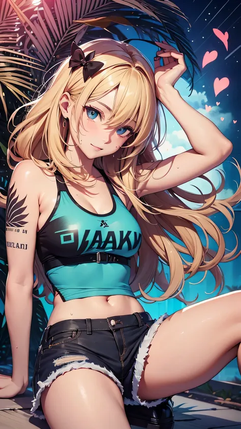 最high quality、best image quality、masterpiece、teenage girl((18-year-old、 By becoming、vest bust、medium bust,wide open breast tea、black eye, blonde hair、Habitual hair、long hair、thin,highest valley、blue shorts、Holding a plastic bottle、smug face、heart tattoo、bl...