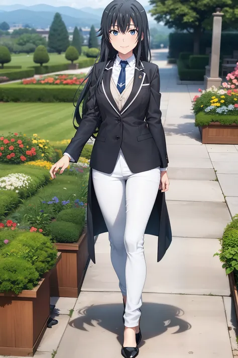 1girl, 独奏, Yukinoshita Yukino, Wearing a tuxedo suit, Female Butler, collared shirt, VictoryTailcoat suit, blue necktie, Smileing, Full body, mediuml breasts, White Jeans, Looking at the view, Garden background