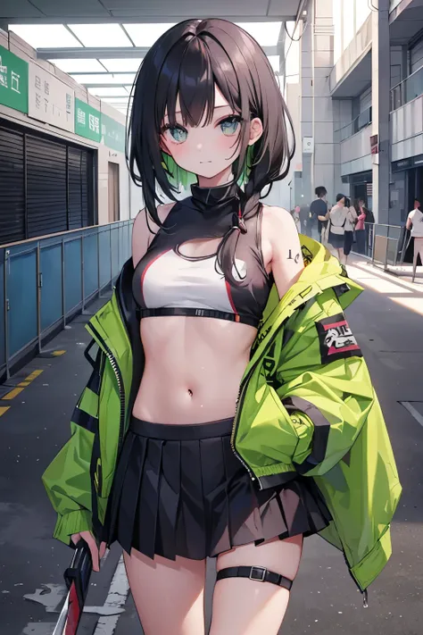 女of子1名, alone, length_hair, 前hair_between_of_paint eyes black_hair_and_Strands_green, Bi_color_ green_ネオンof目, sexy_face, He has a sword stuck in the ground in his hand., cyber punk_cloofs, short_Jacket, belly button appears, short_skirt, scarred_foot, left...