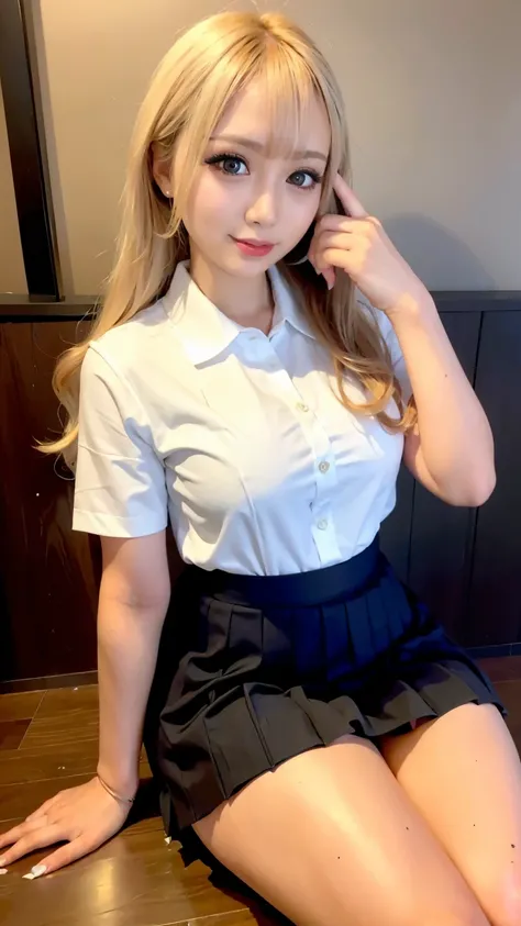 heavy makeup,smile,blonde,Japanese,white collared shirt, necktie, pleated skirt, micromini skirt, loafers, full body,Thighs look good,sitting