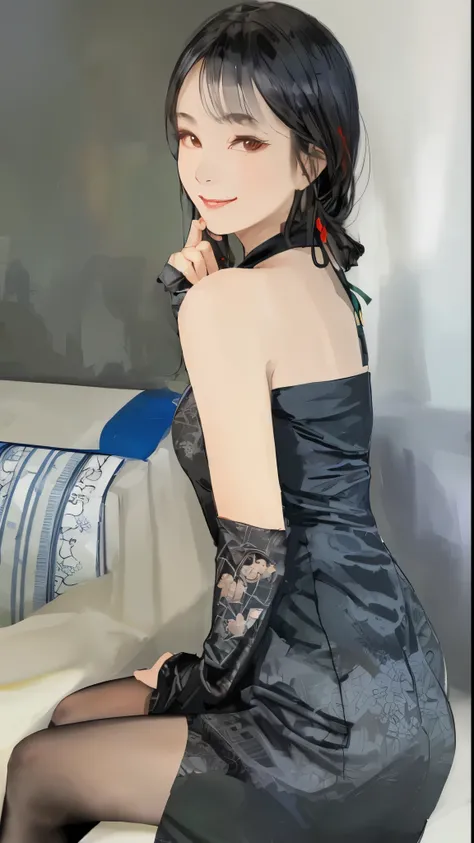 A pretty girl,Black cheongsam,looking at you,Smile