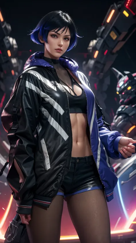 masterpiece, best quality, tekken_reina, pantyhose, open jacket, shorts, multicolored hair, boots, cyberpunk, cowboy shot,