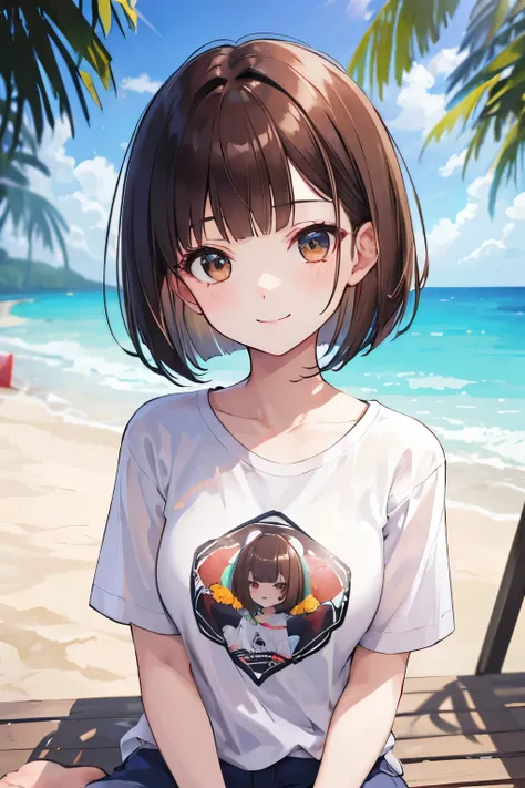 frame in, from right in front of face and body, view straight on, upper body, High quality, very high res, High quality, very high res, cute girl, brown hair, forehead, blunt bangs, bob cut, Brushed up bangs, wearing a t-shirt, medium breasts, upright, nau...