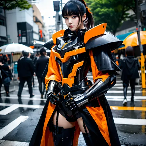 Unorganized resolution, High resolution, (masterpiece: 1.4), hyper detail, Mecha, black armor, orange, Tabi boots, kimono, cyber punk, android, fashionable, Street fashion, kimono