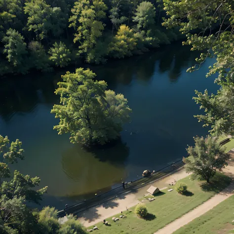 forest landscape top view, spring, island rivers, cinematic