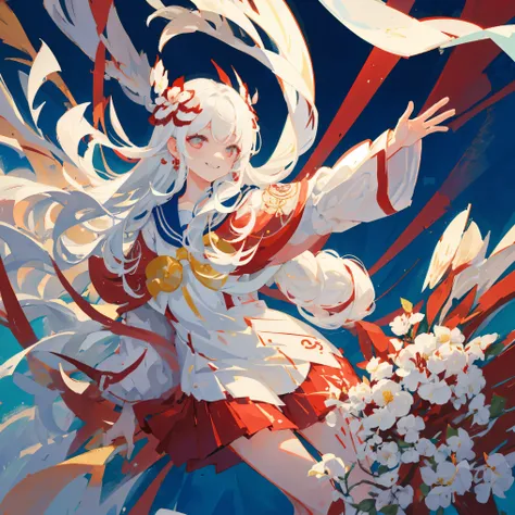 White and red motifs, white hair, long hair, beautiful hair, camellia image, camellia flower, light red eyes, sailor suit, white and red sailor suit, red skirt, cool cute and cool composition, hand stroking camellia hair ornament. depth of field; backgroun...