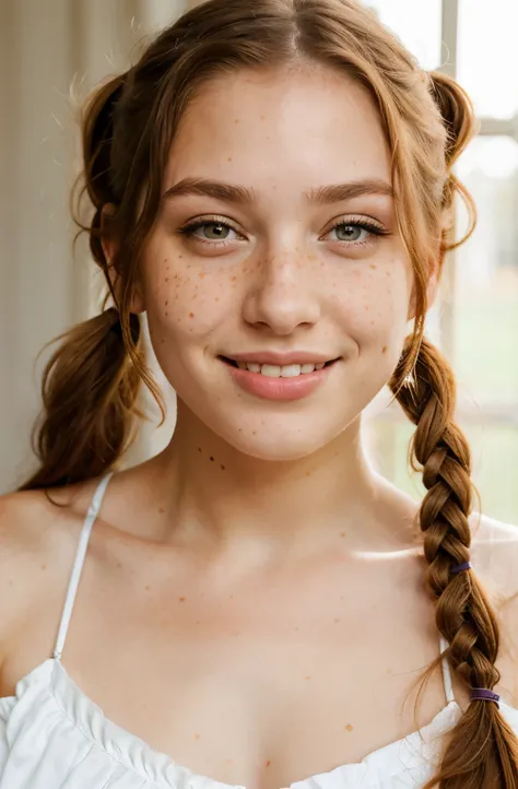 beautiful lady, (freckles), big smile, ruby eyes, pigtails hair, dark makeup, hyperdetailed photography, soft light, head and shoulders portrait, cover